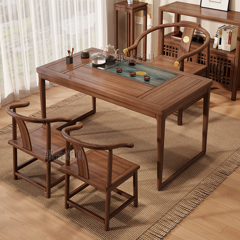 新中式乌金木实木阳台茶桌椅组合