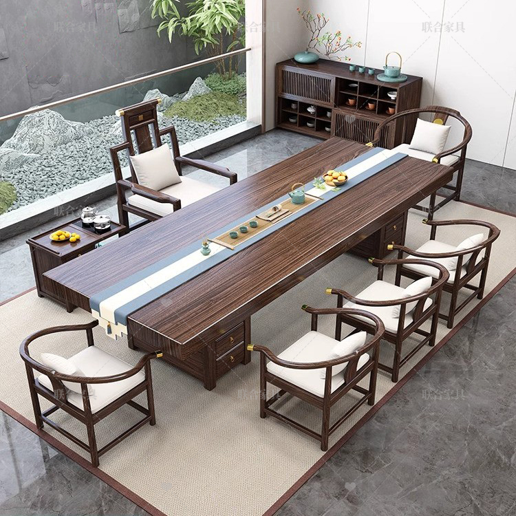 乌金木实木大板茶桌椅组合办公室