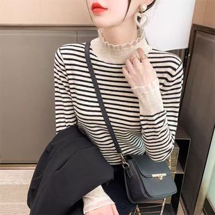 条纹针织打底衫 春秋季 女上衣蕾丝领显瘦毛衣女上衣 门店198