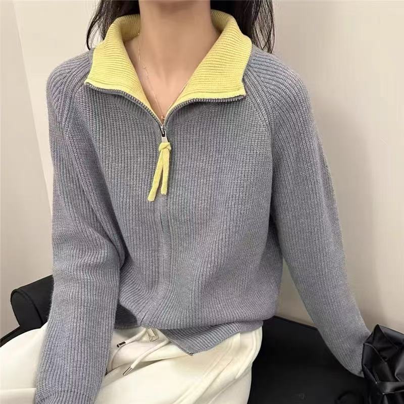 韩国东大门egg鸡蛋 档口店 零售双拉链翻领外套厚实针织毛衣外穿