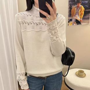 蕾丝勾花镂空浅色系针织衫女冬季毛衣内搭打底衫2026新款高级上衣