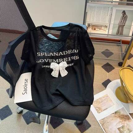 冰丝凉感~爽肤醋酸字母蝴蝶结提花薄款针织衫短袖T恤女夏季上衣