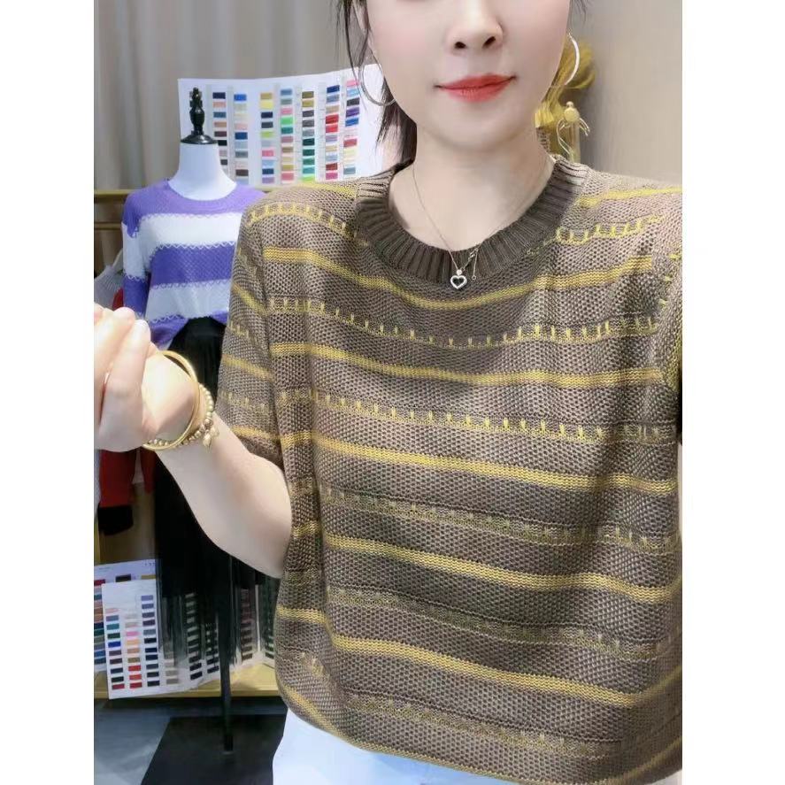 【门店198】时尚减龄虚线条纹圆领针织短袖冰丝t恤女夏季内搭上衣