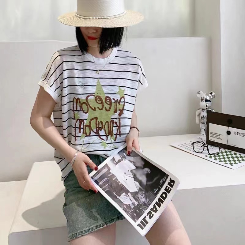 【门店198！】短袖T恤条纹字母竹节麻冰丝针织衫夏季女士洋气上衣