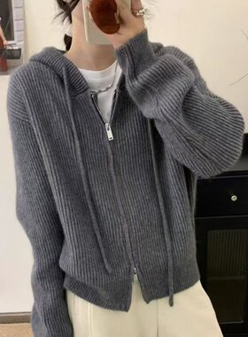 【柜柜货】毛衣女复古港味新款chic韩版连帽拉链针织开衫慵懒外套