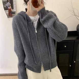 【柜柜货】毛衣女复古港味新款chic韩版连帽拉链针织开衫慵懒外套