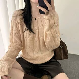 麻花一字领套头毛衣女秋冬新款韩版宽松慵懒风百搭长袖针织打底衫