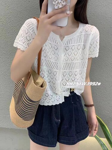 【门店198！】勾花镂空飞飞袖针织开衫女士夏季欧洲站新款V领上衣