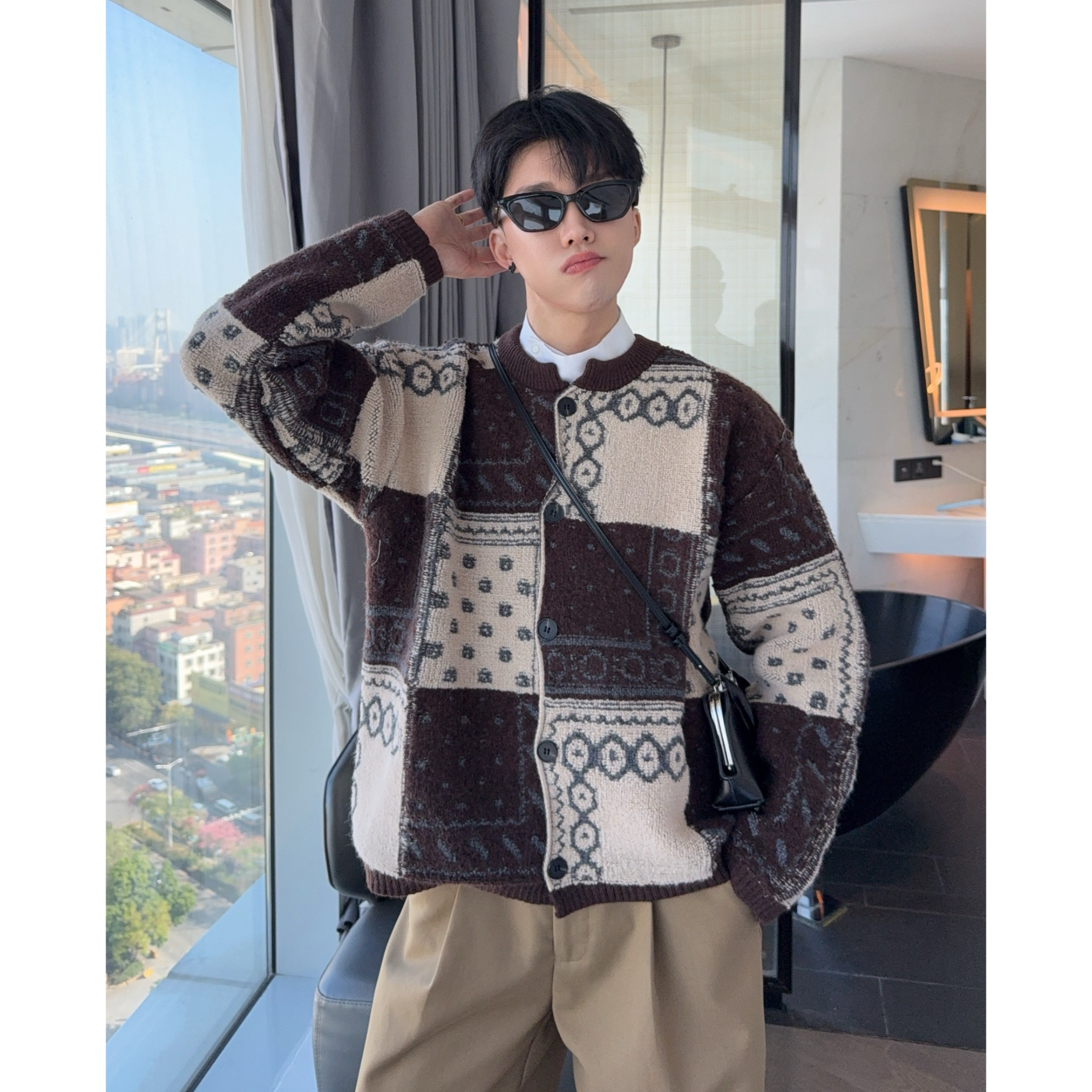 陈大富腰果花撞色提花厚实毛衣男2026冬季宽松民族风颗粒感针织衫