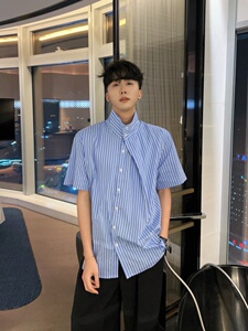 陈大富夏季蓝色条纹短袖衬衫男复古设计感宽松简约青春高领衬衣潮
