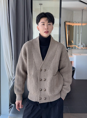 陈大富秋冬双排扣开衫毛衣男士保暖慵懒感宽松加厚V领针织外套潮