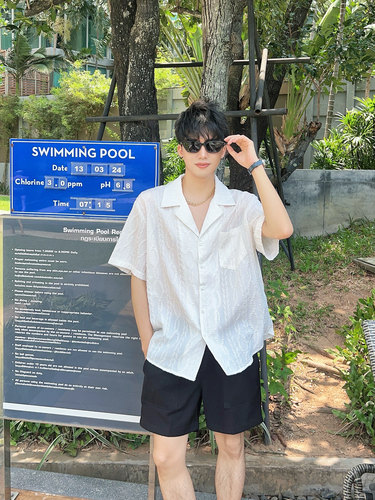 古巴领短袖宽松肌理提花衬衫男士