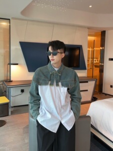 陈大富洗水短款牛仔衬衫外套男2023新款复古宽松个性时尚半截上衣