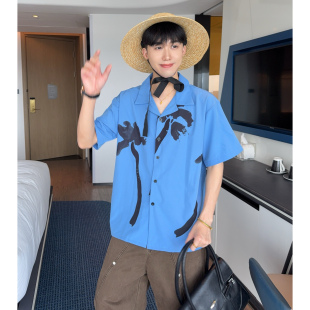 大富古巴领椰子树撞色印花短袖衬衫男2025夏日旅游度假风海边衬衣