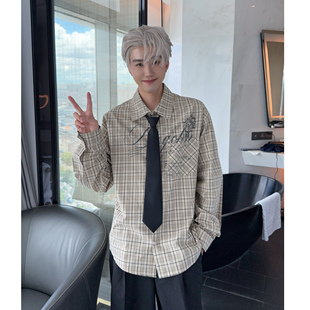 大富标语字母印花格子长袖衬衫男2025秋冬休闲情侣衬衣外套配领带