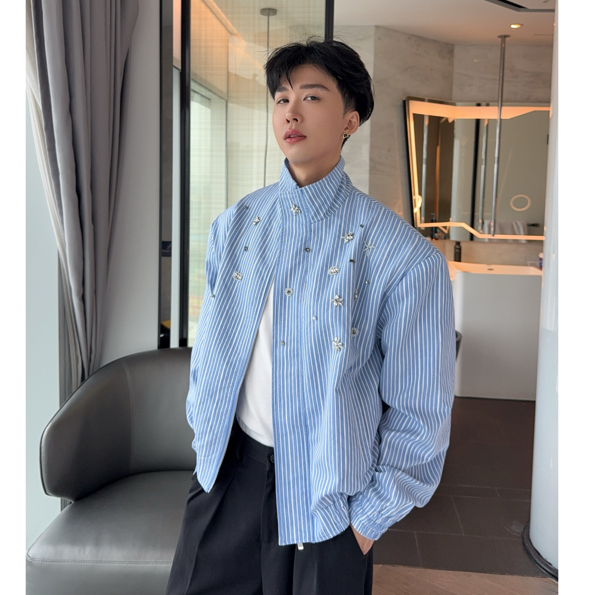 陈大富手工钉珠立领条纹外套男2026春秋宽松显高廓形垫肩短款夹克,男装,夹克,淘宝优惠券,粉丝福利购,淘宝优惠卷