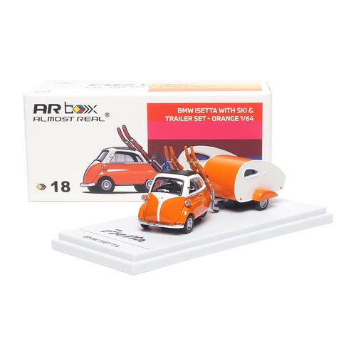 AR 1:64 宝马Isetta配滑雪板及拖车套装橙色汽车模型摆件收藏品