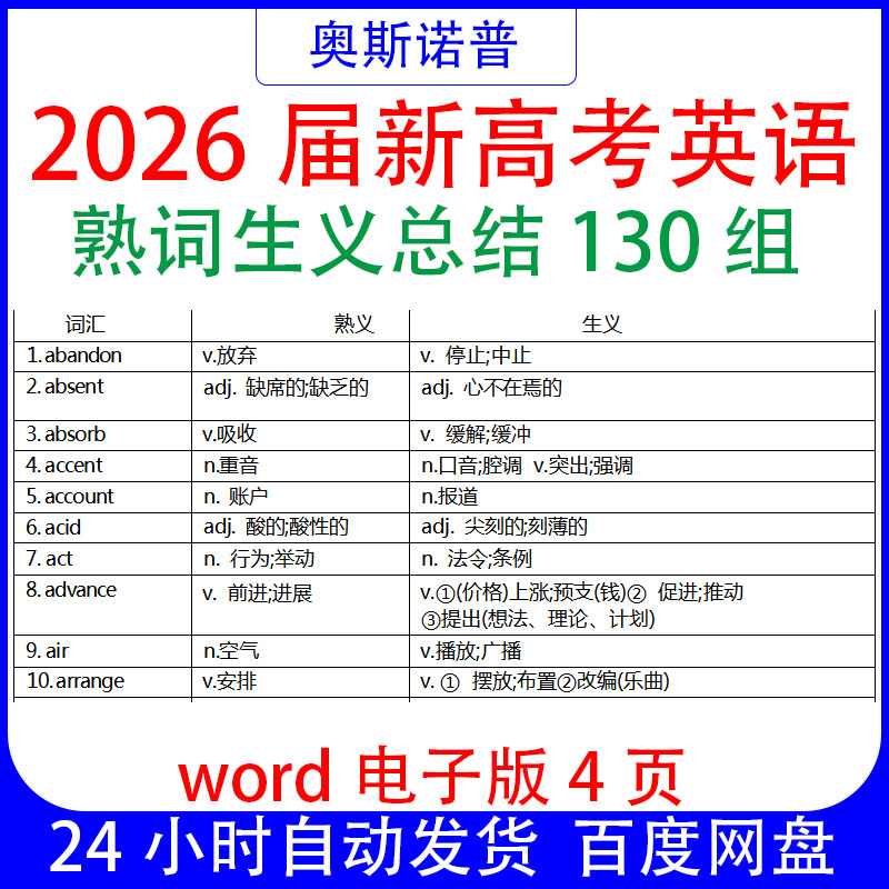 2026届新高考英语熟词生义总结130组word电子版4页