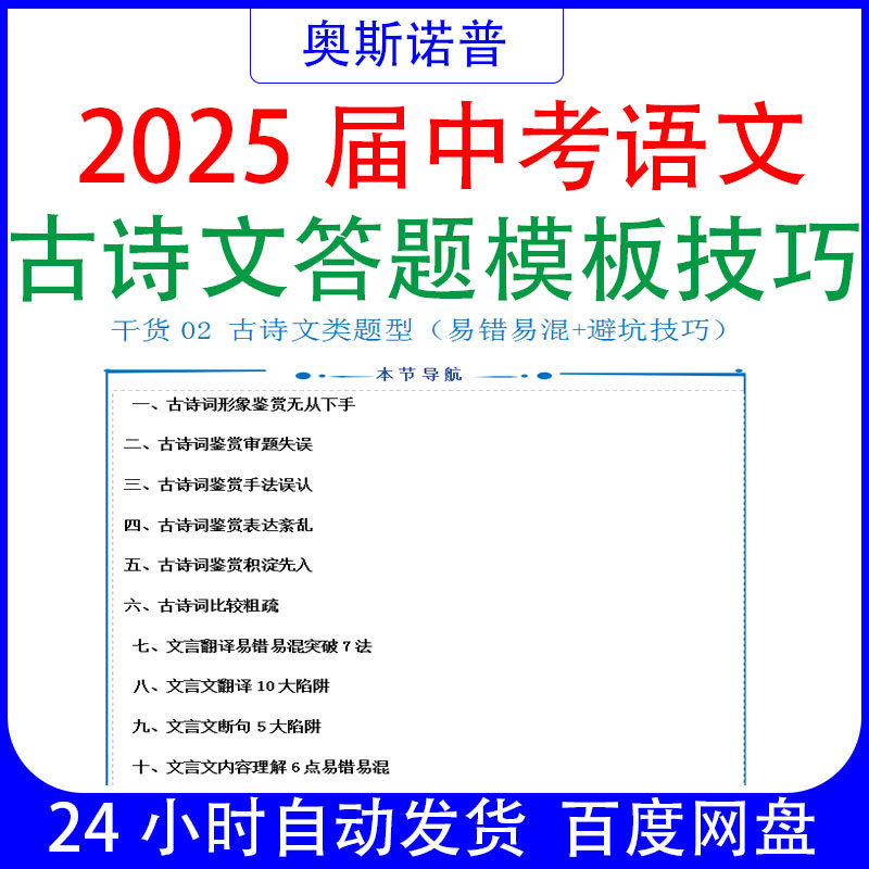 2025届初中中考九年级语文古诗文答题模板技巧精品文档word21页
