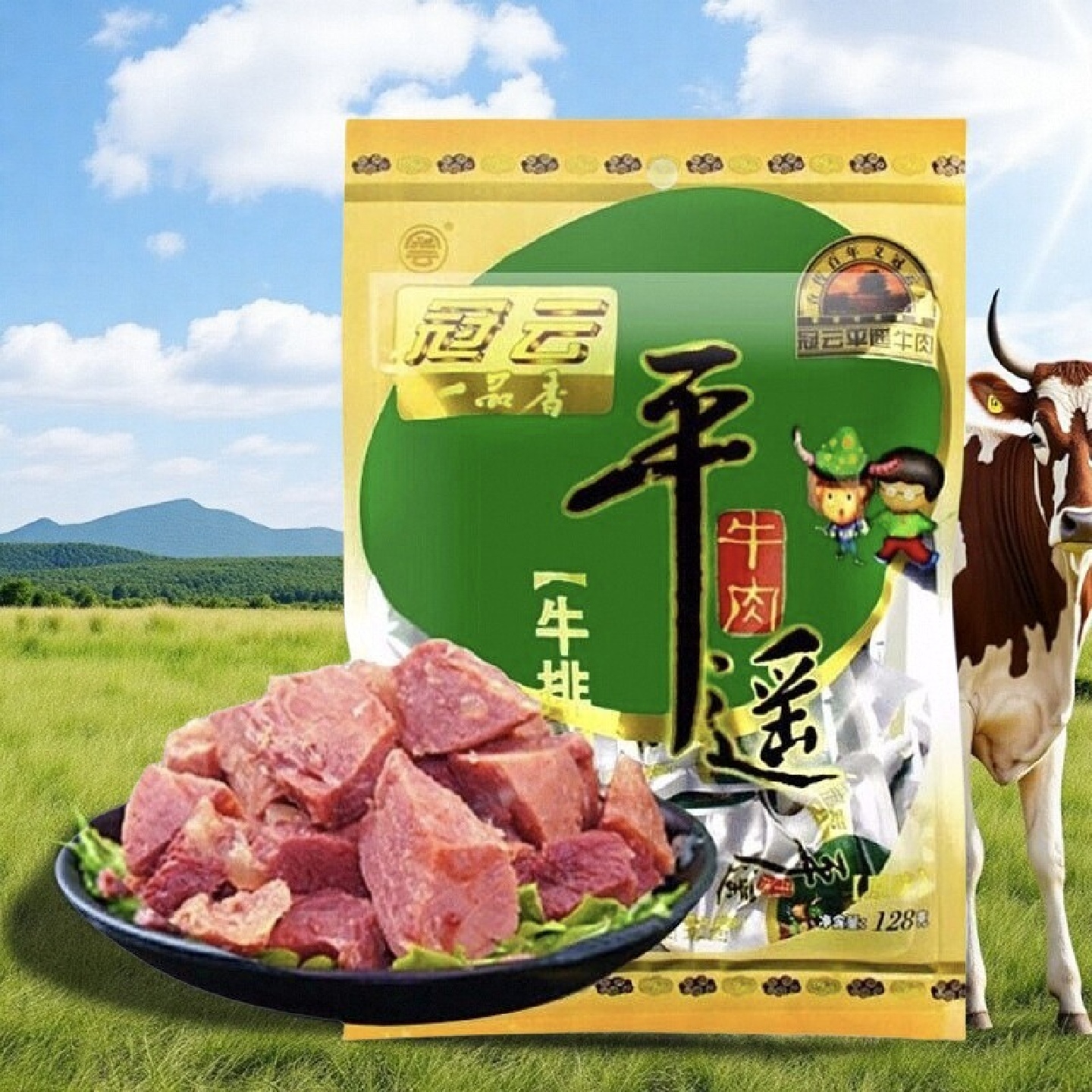 山西特产冠云平遥牛肉128g一品香牛排小包装非258g开袋即食零食