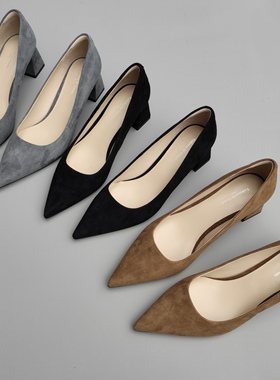 Federica Di Donato粗跟舒适羊反绒磨砂皮简约工作通勤单鞋女1023