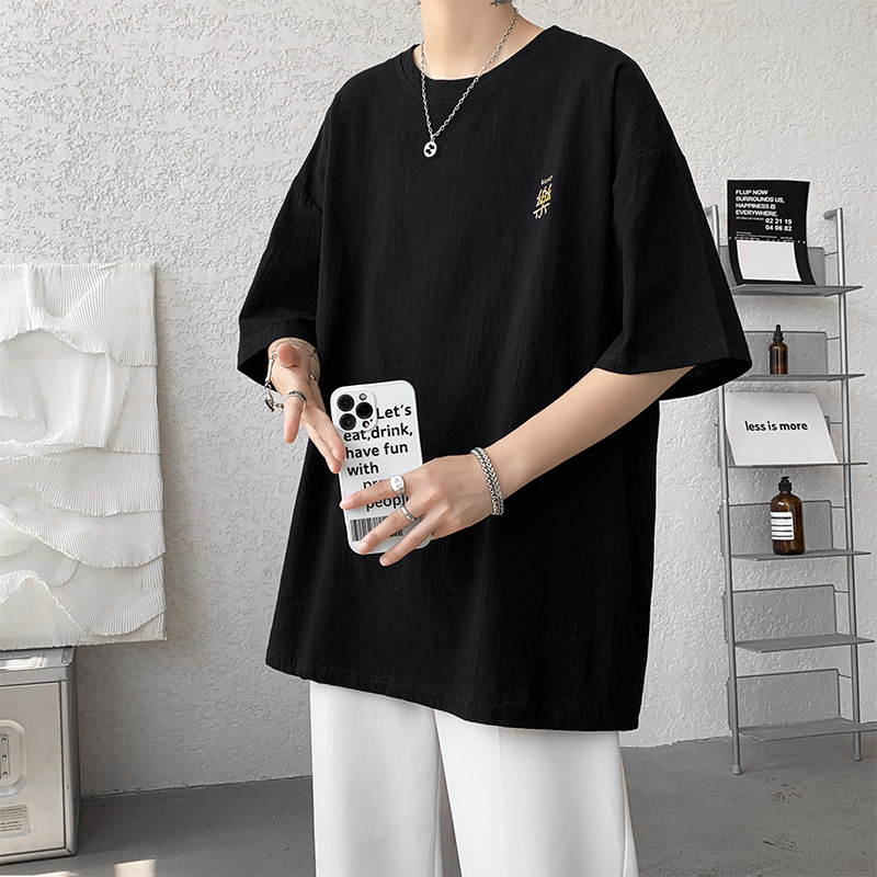 夏季2022棉麻短袖T恤宽松大码亚麻潮ins半袖刺绣短teeTX07P20,男装T恤,星座417-3