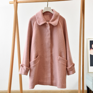 淑女风粉色毛呢外套女中长款翻领宽松气质大衣外套  莉2471  E6-2