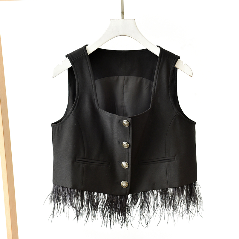 小香风羽毛拼接马甲女短款无袖背心外套法式  莉2604  D6-2