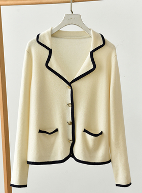 小香风撞色金扣翻领羊毛针织开衫女白色外套上衣 莉2774  C3-2