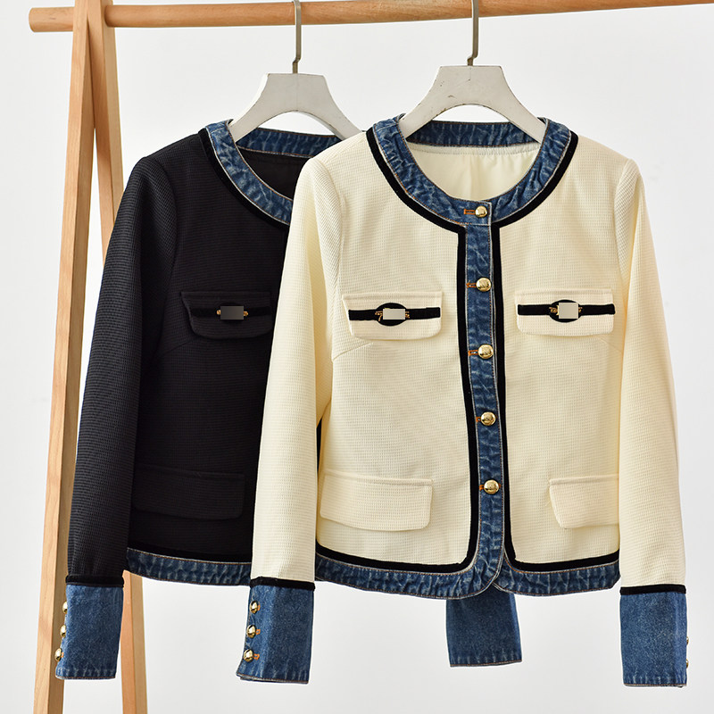 小香风牛仔拼接短外套女圆领金扣撞色外套春秋   莉2562  E4-2