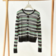 韩版 圆领长袖 莉3095 撞色条纹针织开衫 女百搭显瘦薄款