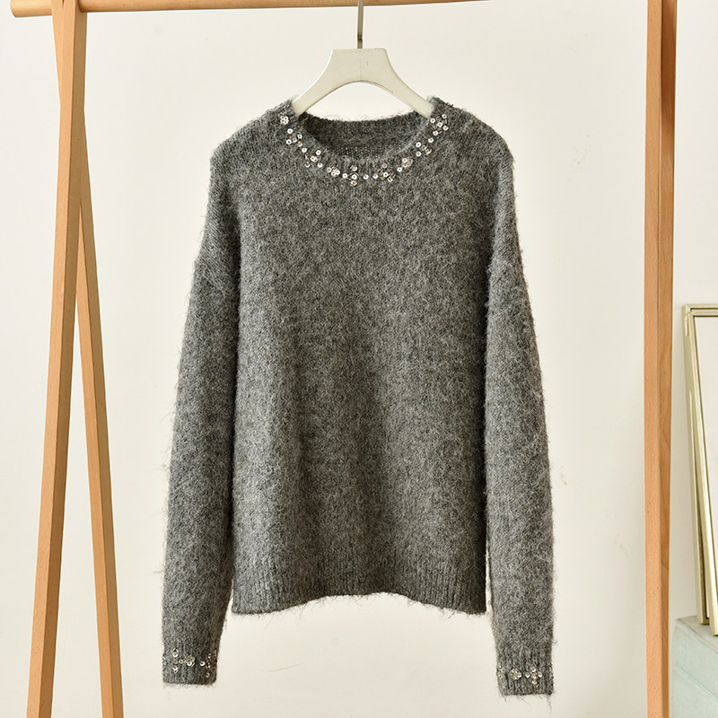 轻奢风圆领钉珠毛衣灰色长袖宽松显瘦针织衫  莉2992  G5-3,女装/女士精品,毛衣,淘宝优惠券,粉丝福利购,淘宝优惠卷