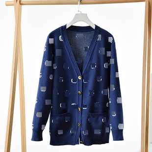 学院风V领开衫女深蓝色纽扣针织衫百搭毛衣外套 莉3263   B2-2
