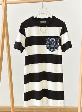 孤品  春夏中长款宽松圆领百搭条纹短袖T恤女装  AB332  X7-3