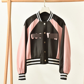 复古运动风拼接短外套撞色棒球服字母贴布绣百搭夹克 莉3120