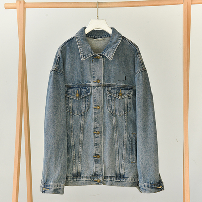 后背刺绣字母单排扣休闲宽松百搭牛仔外套 霞60226  X1-2