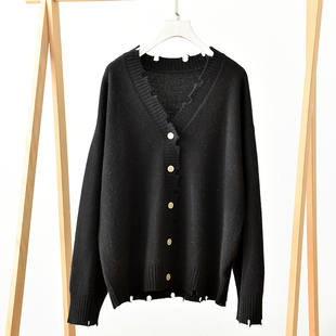 莉2635 女单排扣V领显瘦宽松毛衣外套 慵懒风黑色针织开衫