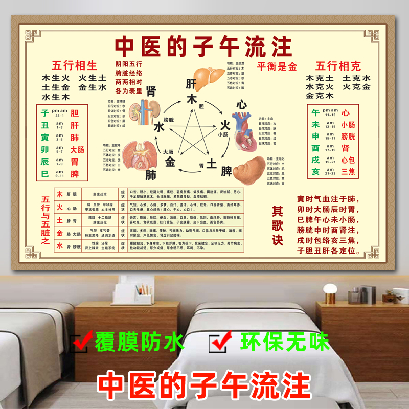 中医的子午流注海报阴阳五行图挂画壁画墙纸贴纸学说奇经八脉图画