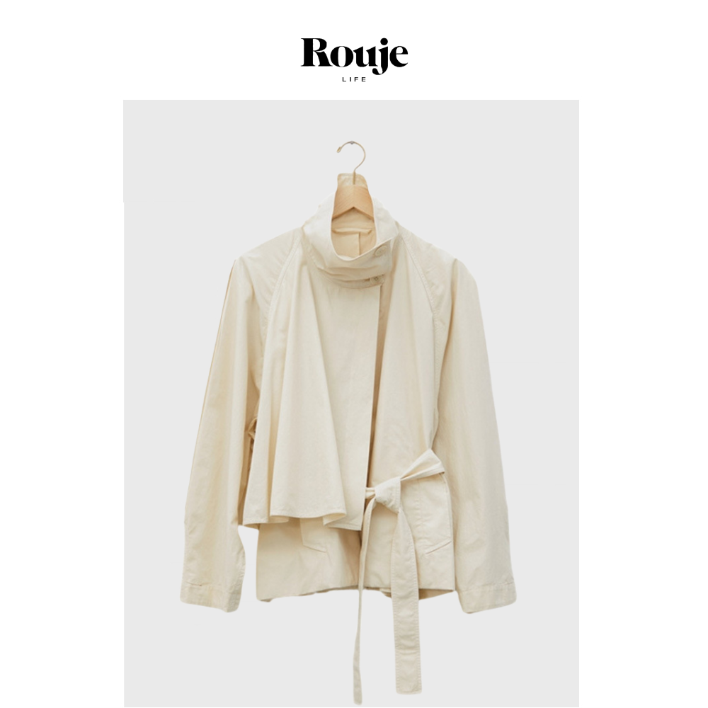 【现货】Rouje Life不对称短款风衣女设计高翻领系腰带宽松外套