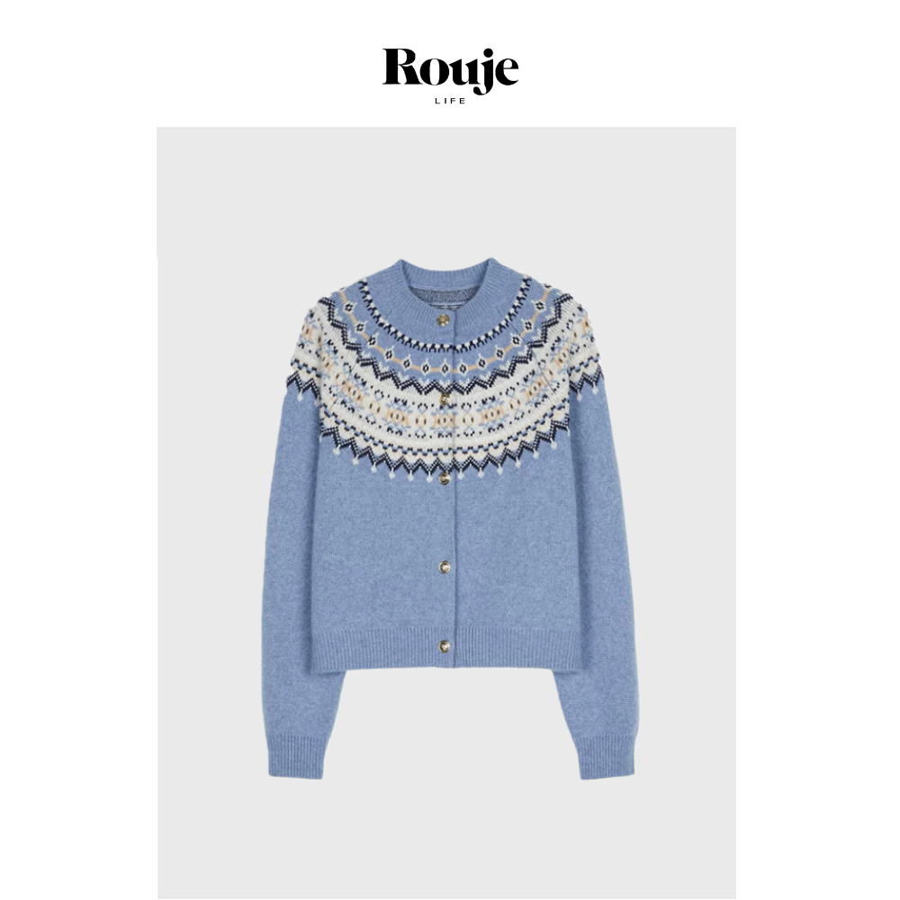 【现货】Rouje Life费尔岛毛衣女秋冬保暖撞色提花针织羊毛开衫上