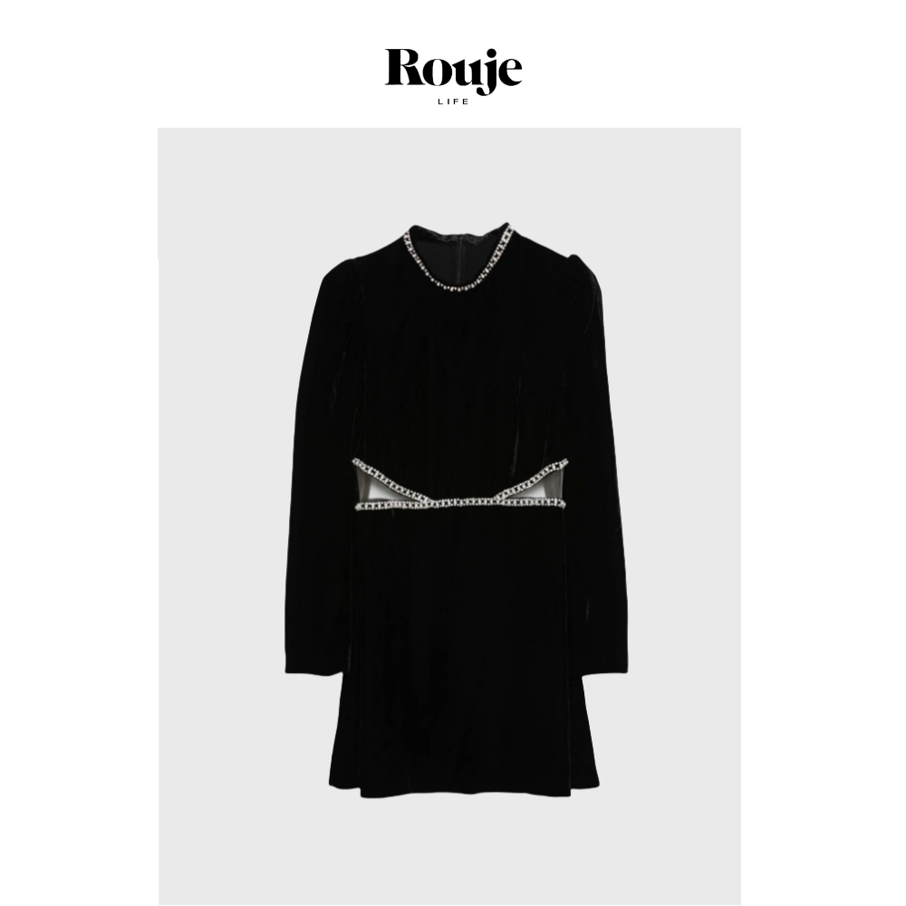 【现货】Rouje Life露腰小黑裙 24秋季黑色金属链条收腰连衣裙