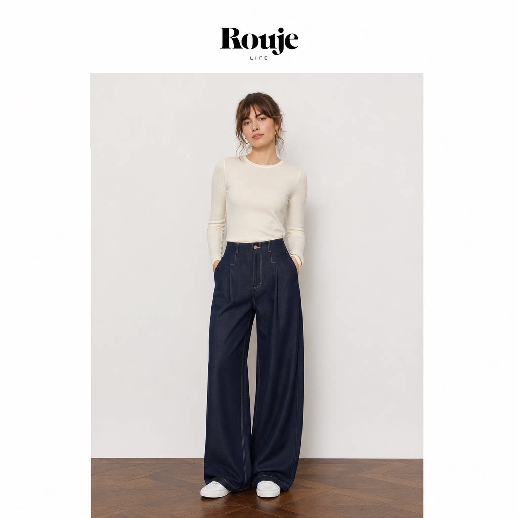 【现货】Rouje Life高腰抗皱垂感阔腿裤明线复古丹宁蓝软牛仔裤女
