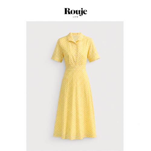 【现货】Rouje Life郭晓婷方穆静同款黄色波点衬衫连衣裙小众长裙