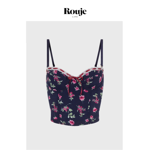 【现货】Rouje Life法系碎花印花性感紧身胸衣蕾丝边吊带背心上衣