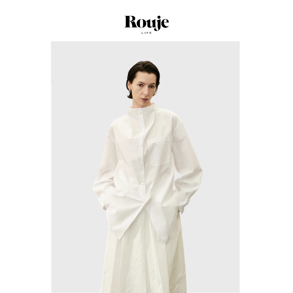 【现货】Rouje Life纯棉沙漏纽扣领宽松口袋衬衫女小众圆领衬衣