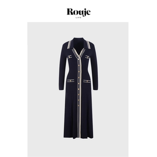 Life连衣裙春夏法式 Rouje V领撞色针织中长裙女 现货