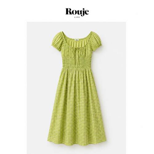 【现货】Rouje Life新款橄榄绿方领度假收腰中长款连衣裙法式女