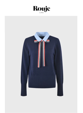 【现货】Rouje Life翻领Polo系带蝴蝶结羊毛针织衫毛衣假两件上衣