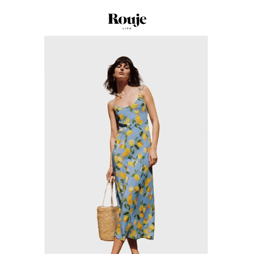 【现货】Rouje Life法式真丝柠檬印花绑带长裙斜裁连衣裙修身显瘦