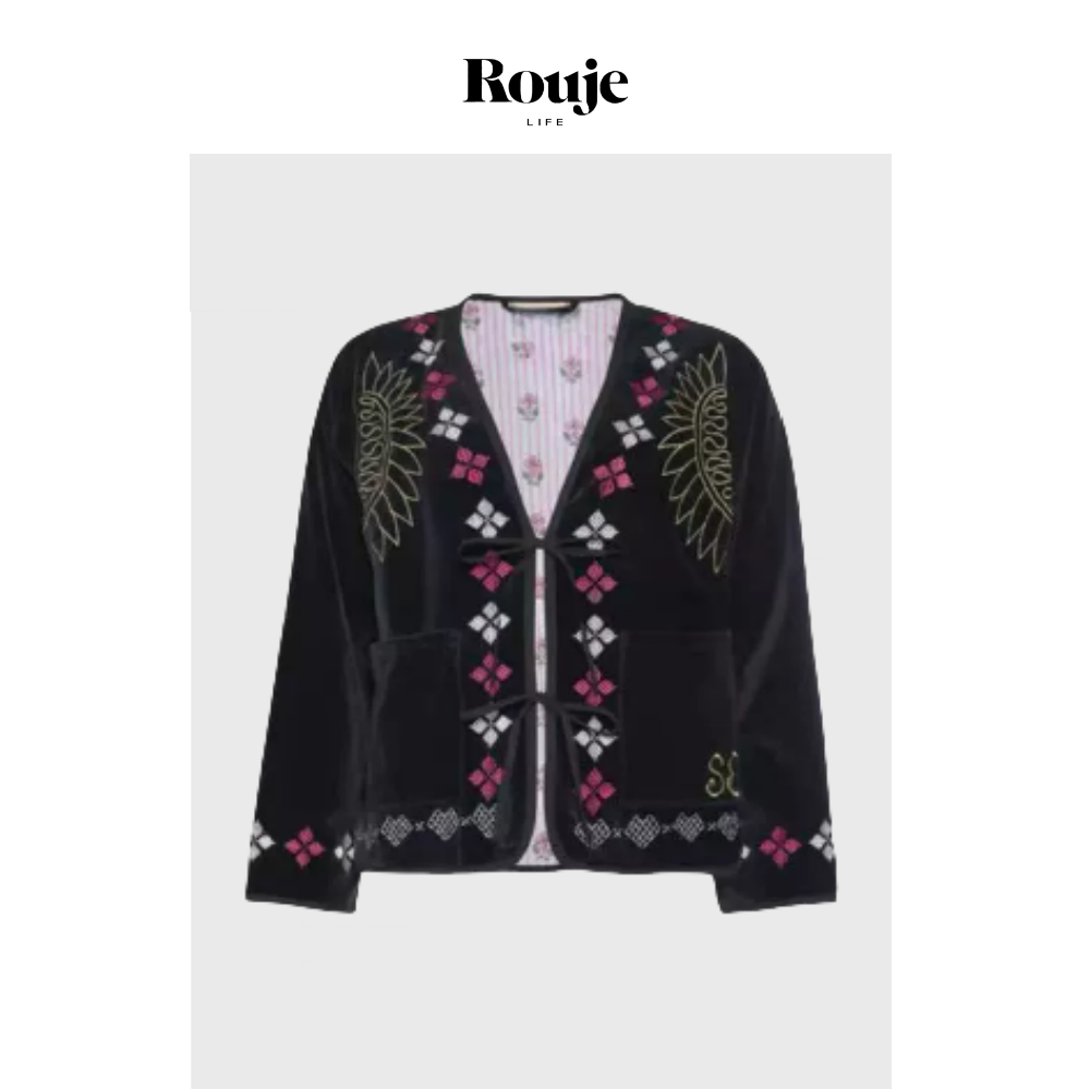 【现货】Rouje Life复古天鹅绒外套秋重工民族风刺绣系带开衫上衣